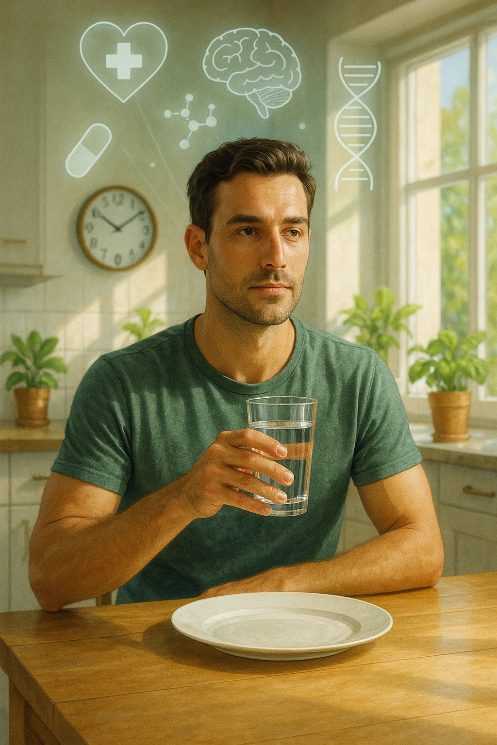 A realistic, cinematic illustration of a healthy, calm man in his early 30s sitting in a bright kitchen in the morning, with an empty plate in front of him and a glass of water in his hand, looking serene and focused. Behind him, the background shows subtle symbols of health: green plants, sunlight streaming in, and a blurred wall clock showing 10:00, symbolizing the fasting window. Above the man, a translucent overlay of medical icons (heart, brain, DNA strand) glows softly, illustrating that intermittent fasting acts as a powerful medicine, not merely a diet. The color palette is fresh and natural, emphasizing health, clarity, and focus. The style is realistic with slight cinematic tones, conveying that the man is using intermittent fasting as a tool for cellular regeneration, inflammation reduction, and health optimization rather than weight loss in italiano emoji