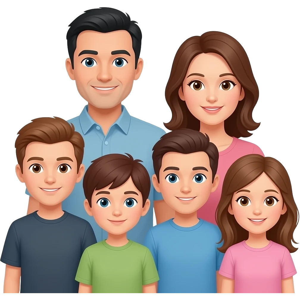 family of 6 white people (all with brown hair other than father with black hair) with 4 total kids. oldest brother is 30, next oldest is 20, next oldest is 15, and daughter is 10 with light brown hair. emoji