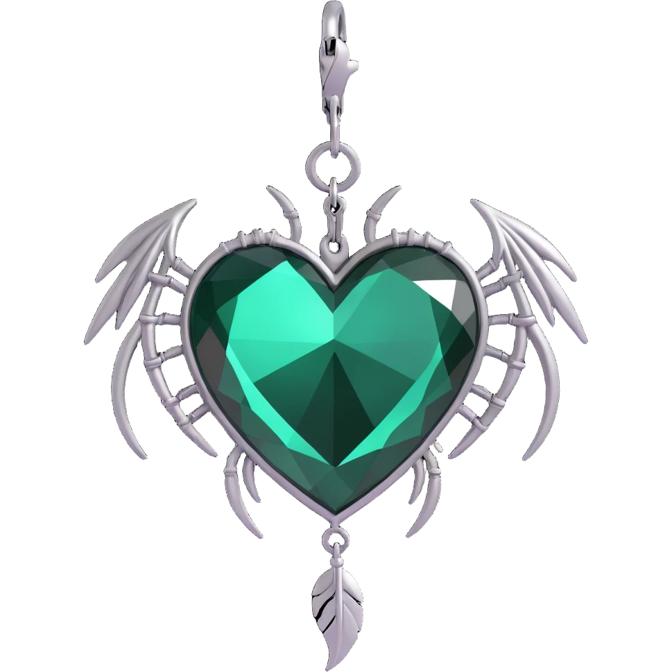 3D emoji gothic heart, dark emerald crystal, silver spider charm, feather accents emoji