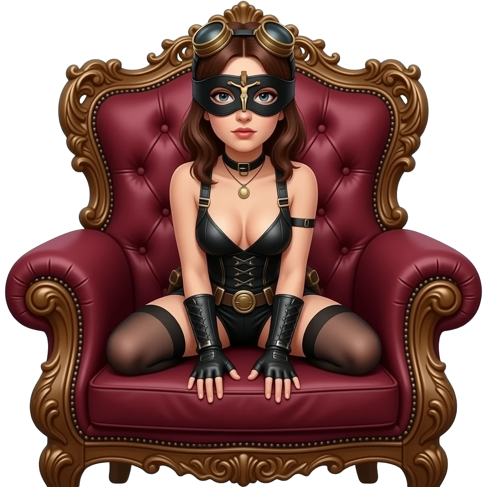 steampunk style - The female realistic skinny  naked figure is in a crouching on the armchair covered with heavy bordo fabric. The most prominent detail is the black eye mask with a small figurine of the crucified Jesus sewn between the eyes emoji