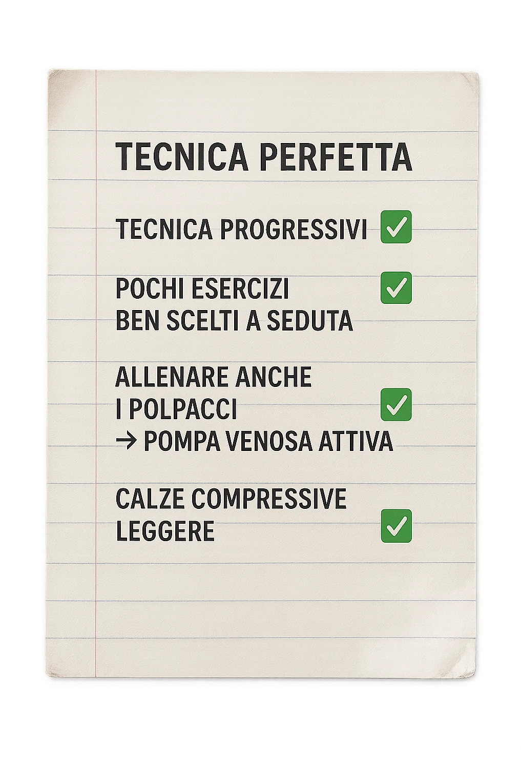 FOGLIO DI CARTA PER L'ALLENAMENTO IN PALESTRA CON LA SCRITTA "Tecnica perfetta
 ✅ Carichi progressivi
 ✅ Pochi esercizi ben scelti a seduta
 ✅ Allenare anche i polpacci → pompa venosa attiva
 ✅ Calze compressive leggere" , IPERREALISTICA 4K emoji