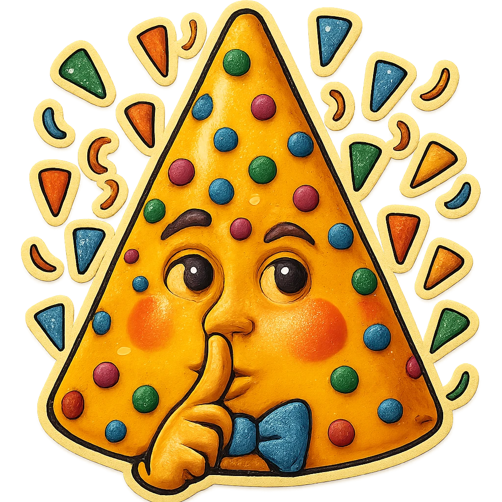 Add a finger in front of the pursed lips to clearly show the shushing gesture, keeping the cone party hat, confetti, and cheerful expression, no background. emoji