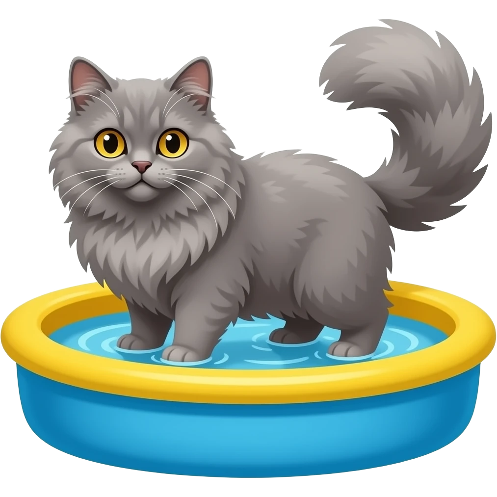 Grey Persian cat in a blue and yellow floating pool toy emoji