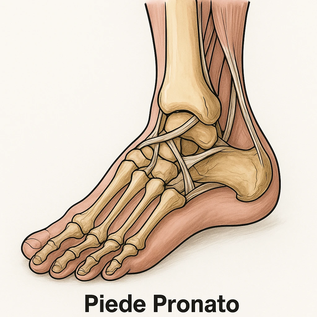 Anatomical illustration of a pronated foot, detailed bones and soft tissue, medical style, neutral background, 3/4 view, inspired by the reference image. emoji