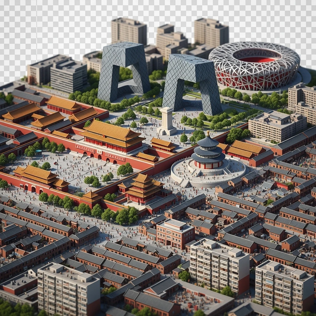 Isometric miniature of Beijing Forbidden City, Tiananmen Square, CCTV Headquarters, Temple of Heaven, Bird’s Nest Stadium and crowded hutong alleys, sprawling apartment blocks, 3D miniature effect and Tilt Shift effect, no cartoonish look, transparent background. emoji
