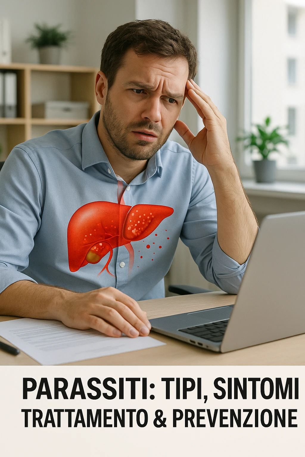Man sitting at office desk experiencing subtle symptoms of liver dysfunction, upper abdominal pain, nausea, and unexplained fatigue Parasites: Types, Symptoms, Treatment & Prevention, expression of confusion about vague health issues, liver shown in transparent overlay with early inflammation, toxins beginning to accumulate in bloodstream, productivity declining as liver struggles to filter properly in italiano emoji