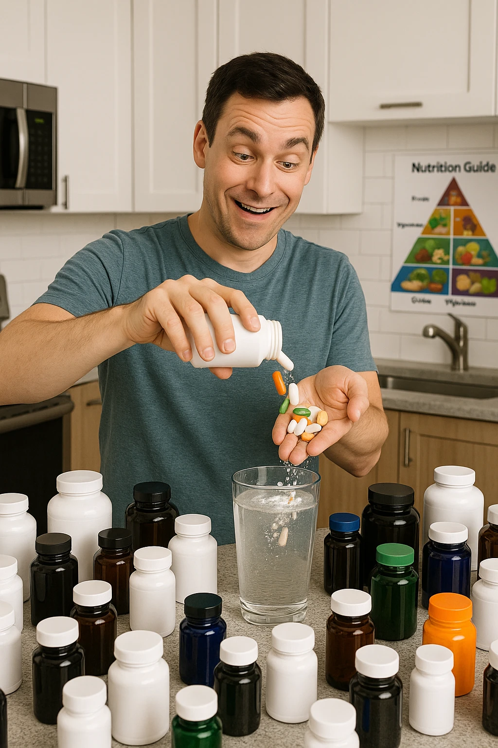 a man stands in his kitchen, enthusiastically pouring multiple supplement pills and powders into a large glass of water. The kitchen counter is cluttered with dozens of supplement bottles, and his expression is confident but slightly oblivious. In the background, a nutrition guide or food pyramid is ignored, highlighting his focus on supplements over balanced nutrition. emoji