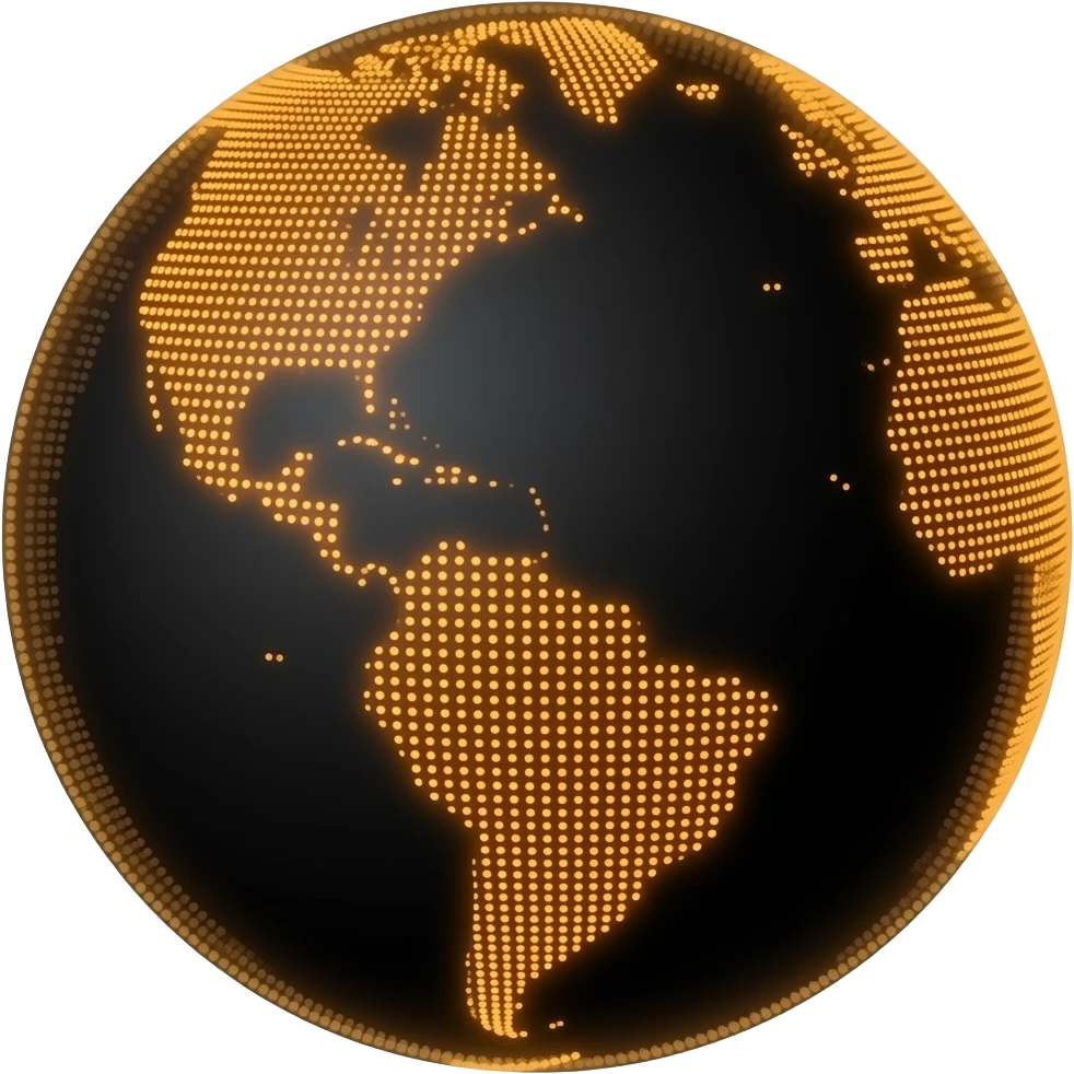 A black and orange glowing dot hologram of planet Earth emoji