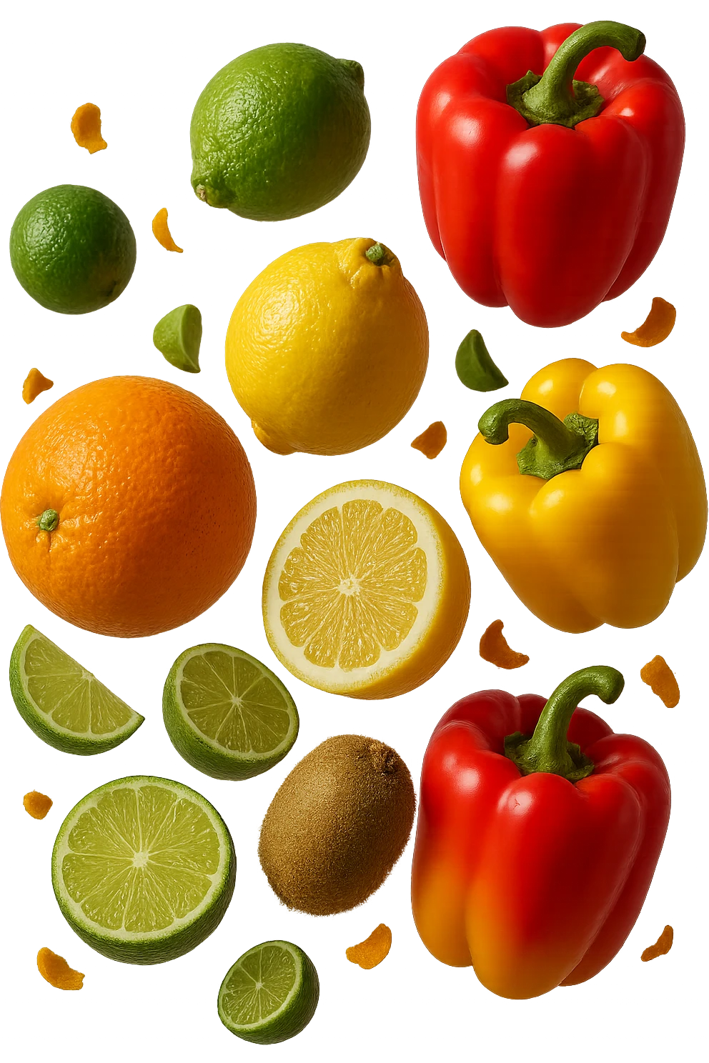 agrumi, kiwi, peperoni fluttuano in aria insieme a piccoli pezzi di colon in 3d, iperrealistici 4k emoji