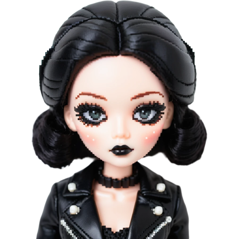 Chucky's bride doll with black lipstick, black dress, leather jacket, smoky eye makeup emoji