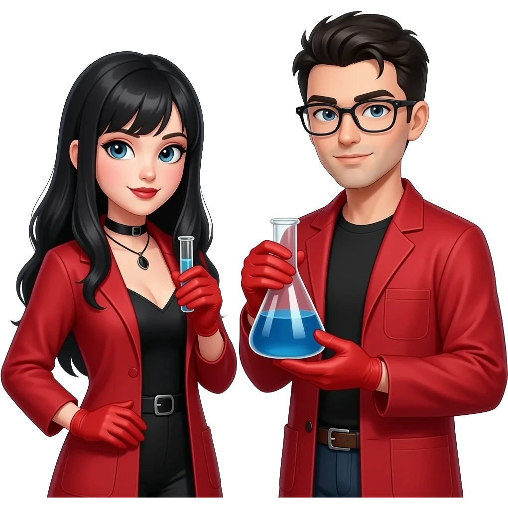 Sexy gothic female and male scientist with red lab coat, red gloves and golding a chemistry bottle emoji