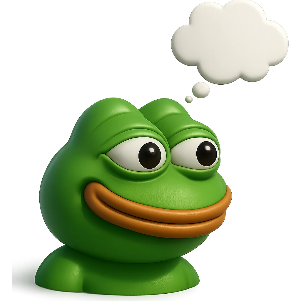 make a pepe in bright green smiling with thought bubble looking at right right in 3d style, good highlights and shadows, drop shadows emoji