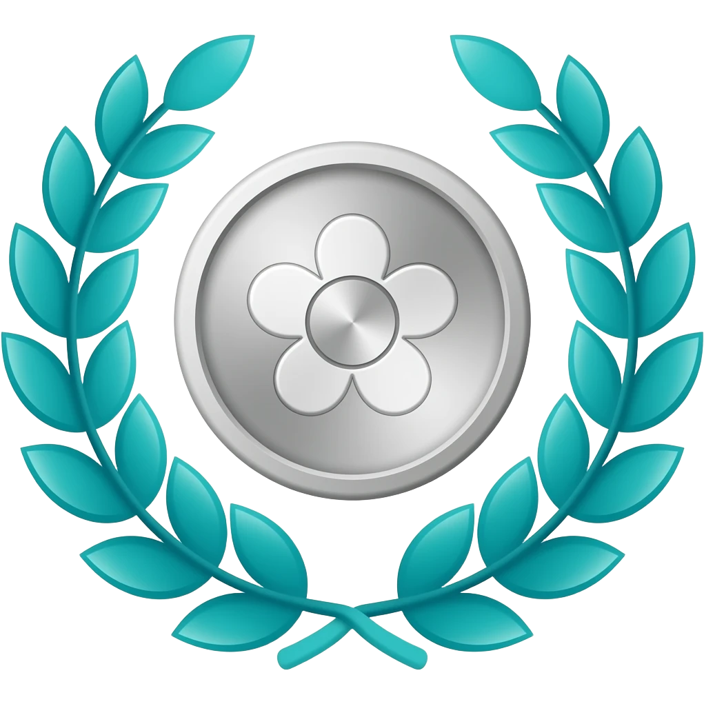 Pi Network KYC verified badge.
• Silver coin = the Pi Network token style
• Flower/star emblem = the Pi Network logo
• Teal laurel leaves = indicates the user passed KYC (Know Your Customer) verification in the Pi app emoji