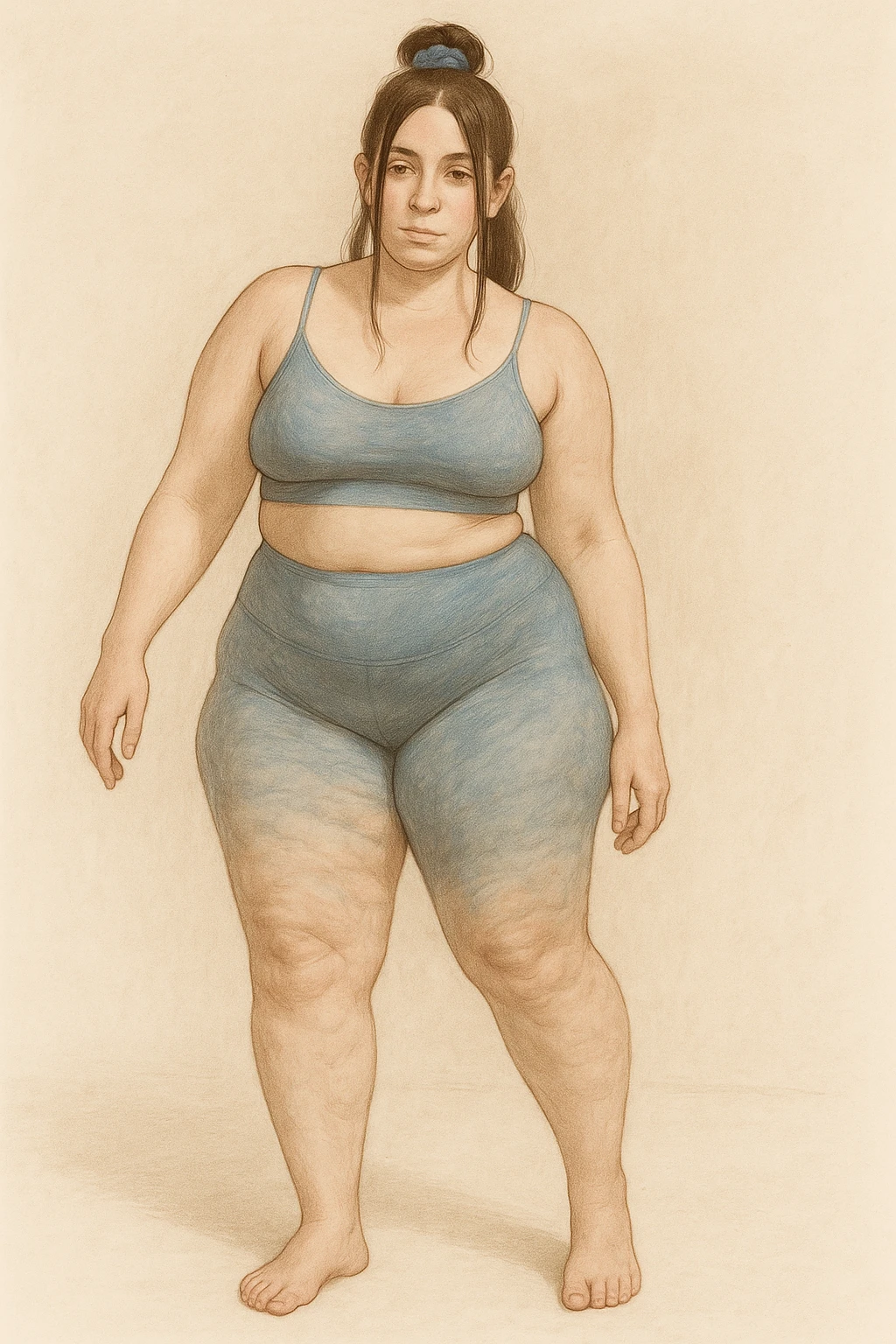 Realistic anatomical illustration of a woman with mild hip asymmetry, water retention, and cellulite, viewed in a soft, educational, body-positive way. emoji