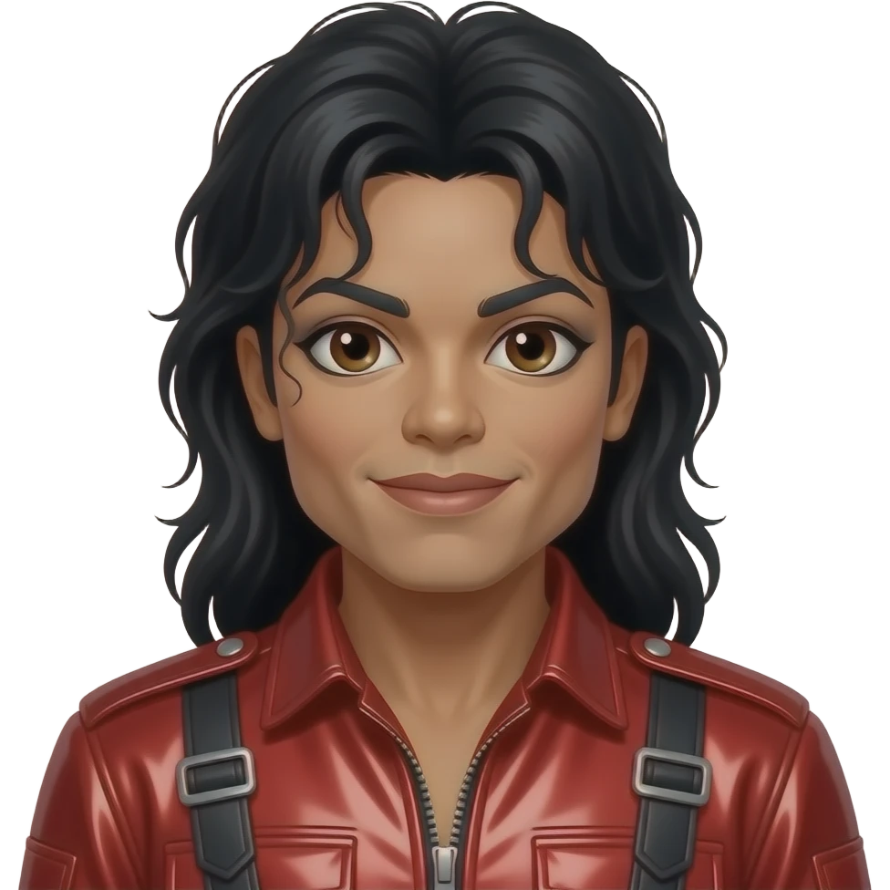 Michael Jackson with dark brown eyes, long black hair, red metallic pop outfit emoji