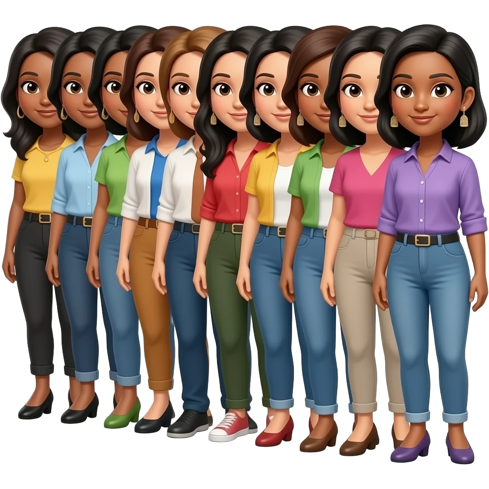 create 3d emoji of 12 indian women with different hair ,skin, eyes and western clothes, with small western earrings emoji