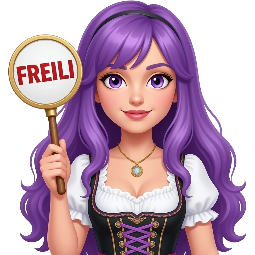 sexy girl with long purple hair and purple eyes wearing a dirndl holding a FREILI sign emoji