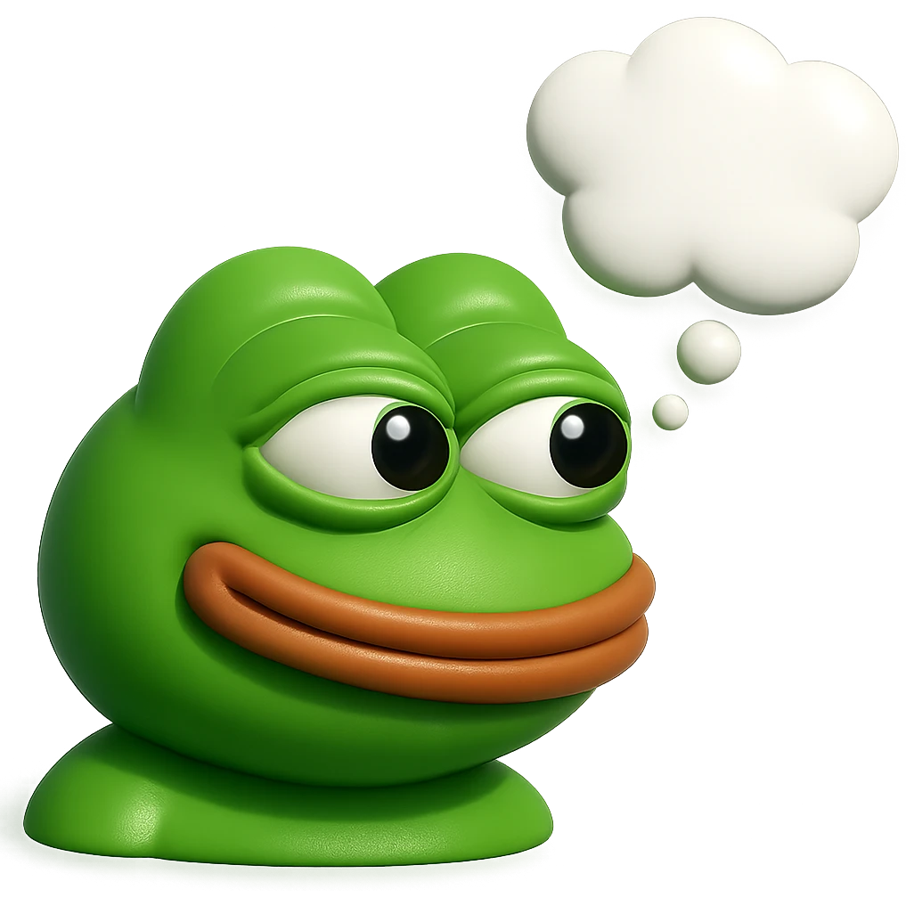 make a pepe in bright green smiling with thought bubble looking at right side in 3d style, good highlights and shadows, drop shadows emoji