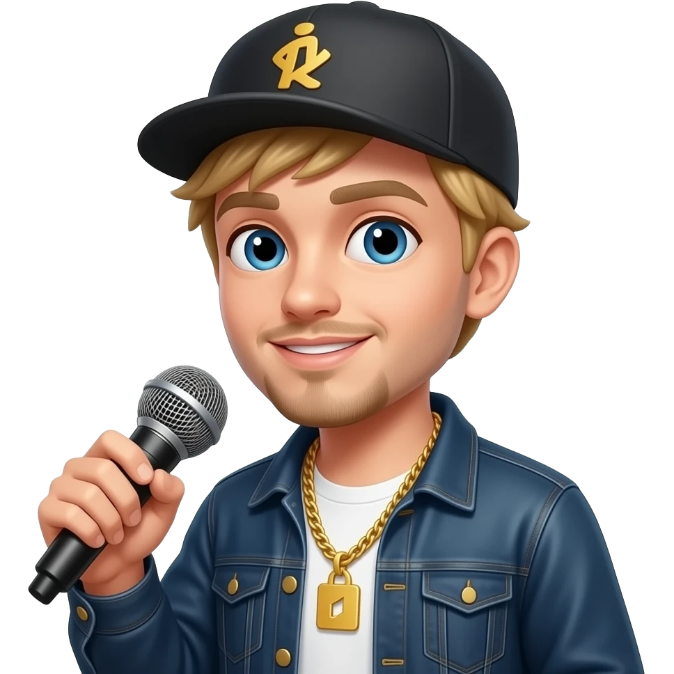 blond rapper holding a mic, wearing a cap and gold chain necklace emoji