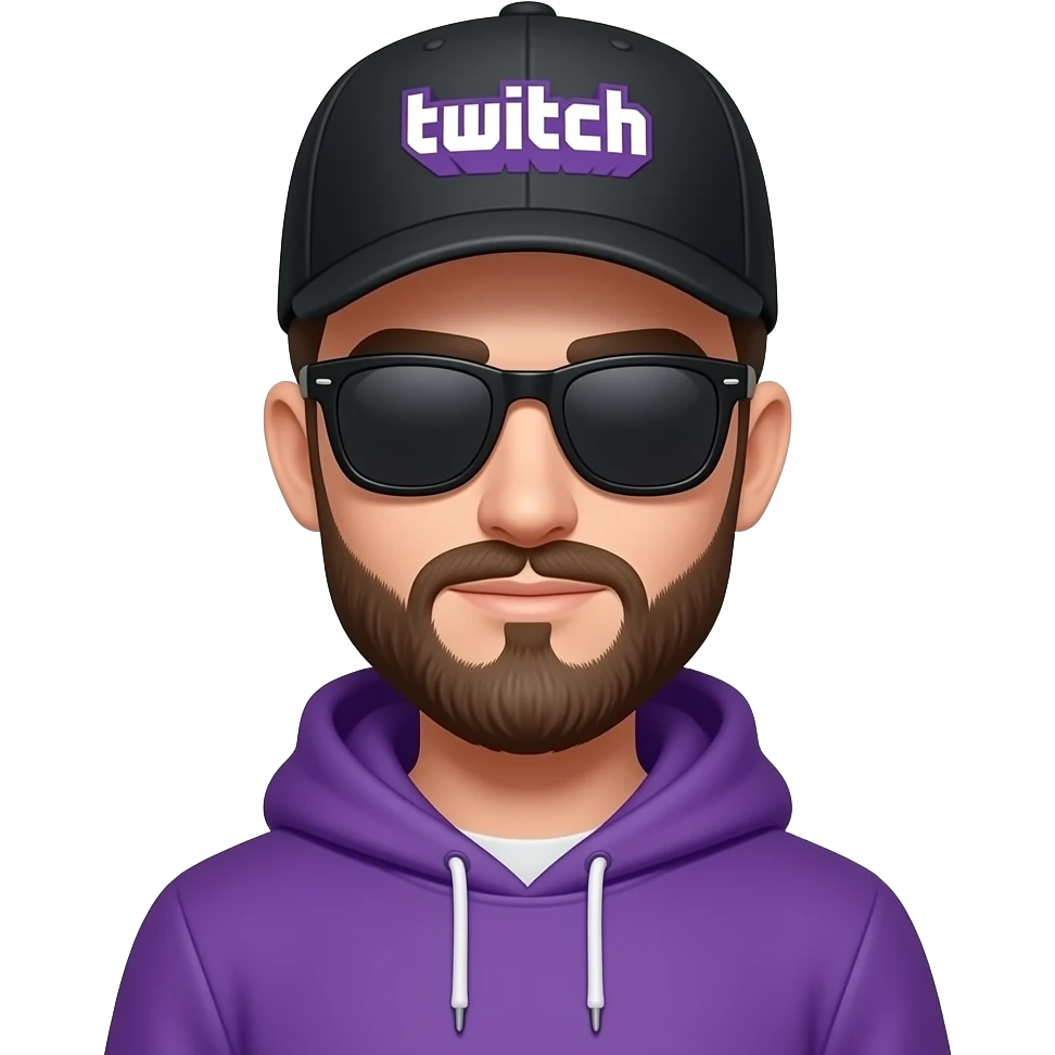 tall skinny guy with black basecap with white twitch logo, purple hoodie, sunglasses, royal-beard emoji