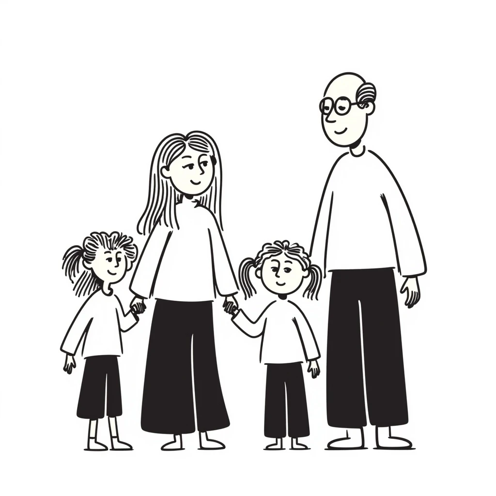 a caucasian family with a bald man, a blonde woman, two blonde girls and one blonde boy, hand drawn doodle style emoji