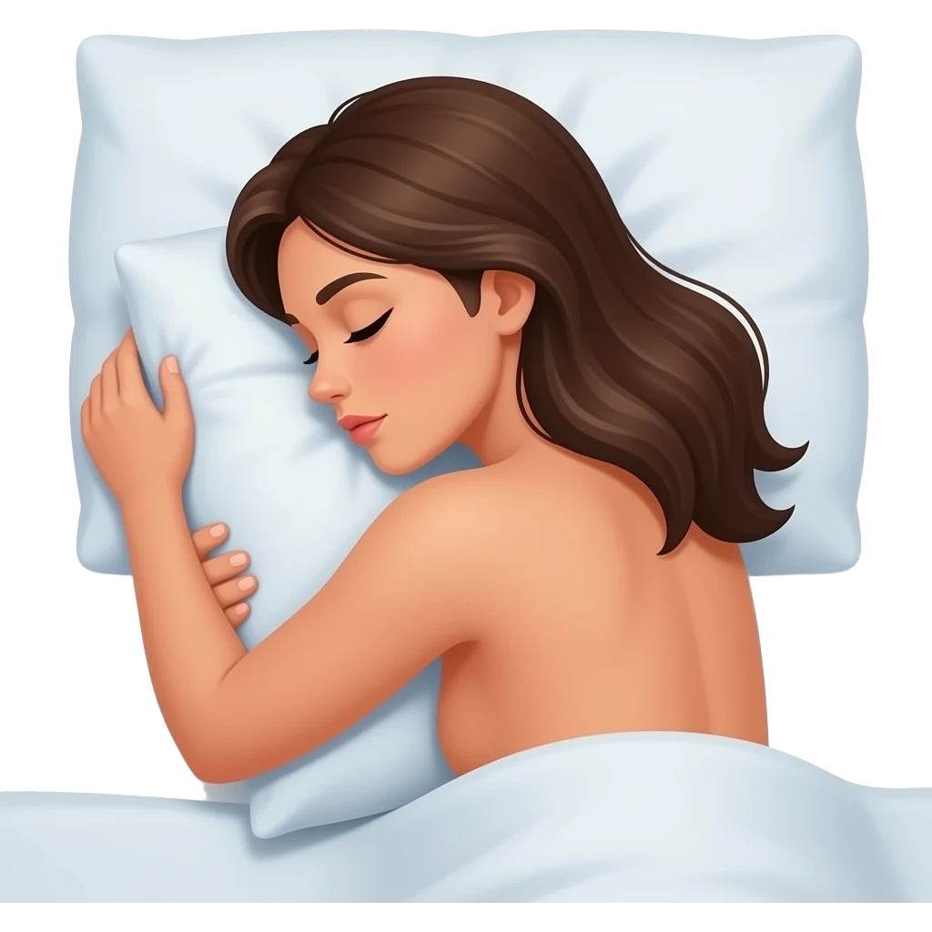 top view of a tanned shirtless sleeping woman face sideway hugging the pillow in bed with her back facing the camera emoji