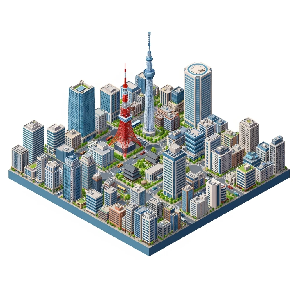 Isometric illustration of Tokyo, full miniature cityscape shown in the frame, 45-degree bird’s-eye view, photorealistic details, Tokyo Tower and Tokyo Skytree in the city center, realistic lighting, clean streets, tiny cars and people, modern buildings with varied architecture emoji