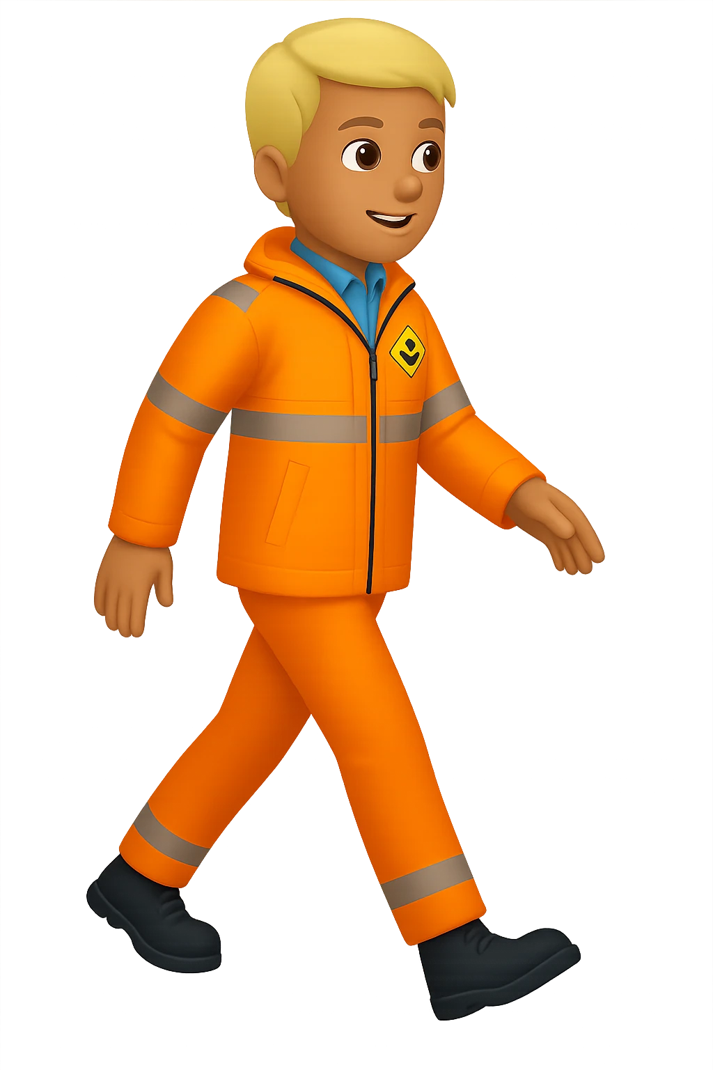 Create a full-body person walking, wearing a high-visibility jacket, no hard hat, in the style of apple emojis, with no background (transparent). emoji