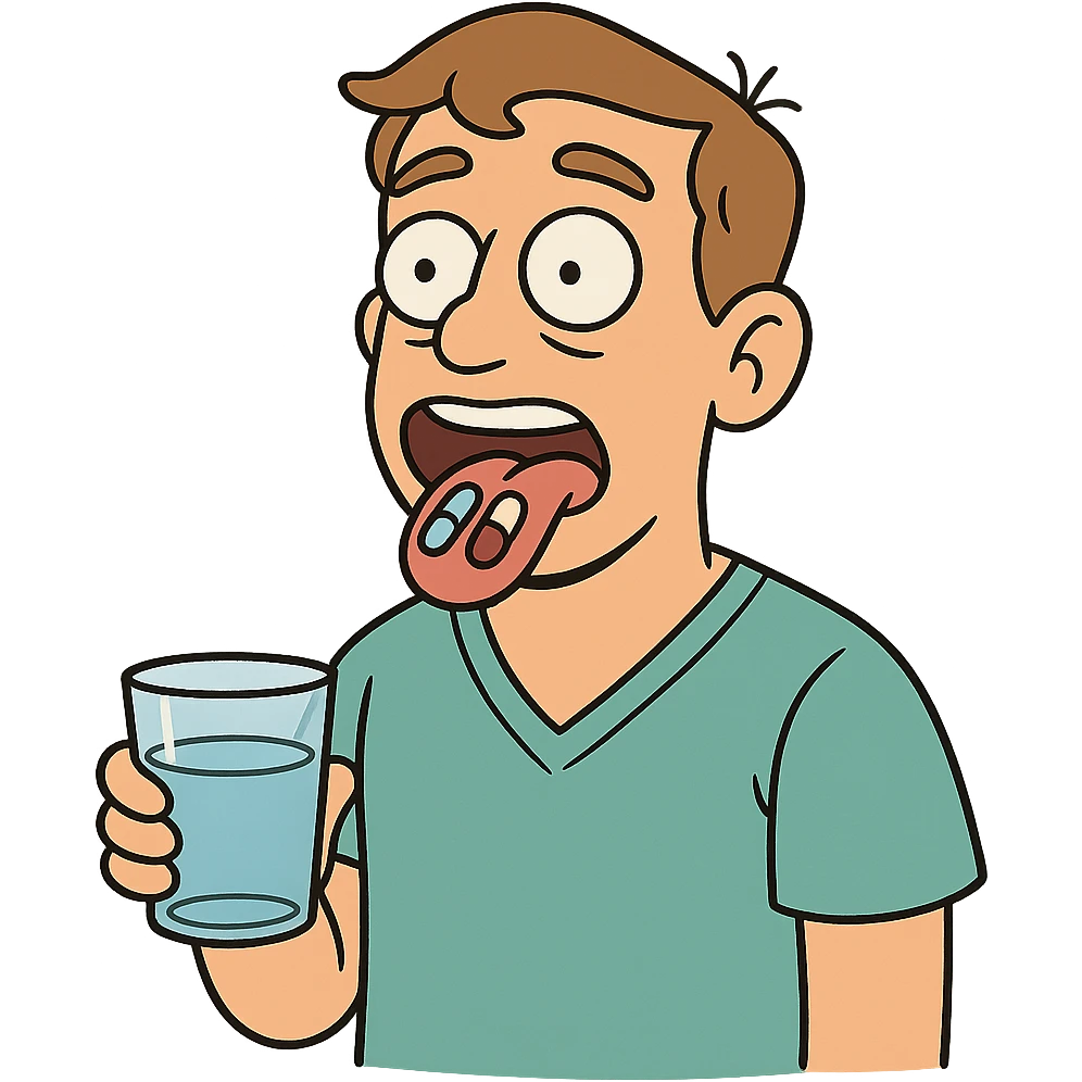 A male patient facing the front with his tongue out about to swallow two pills and holding a glass of water emoji