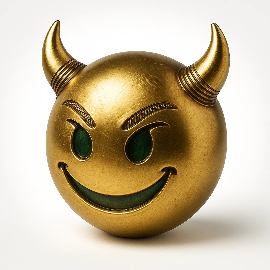 devil emoji, gold and green, elegant horns, sinister smile, modern goth aesthetic, gold effect emoji