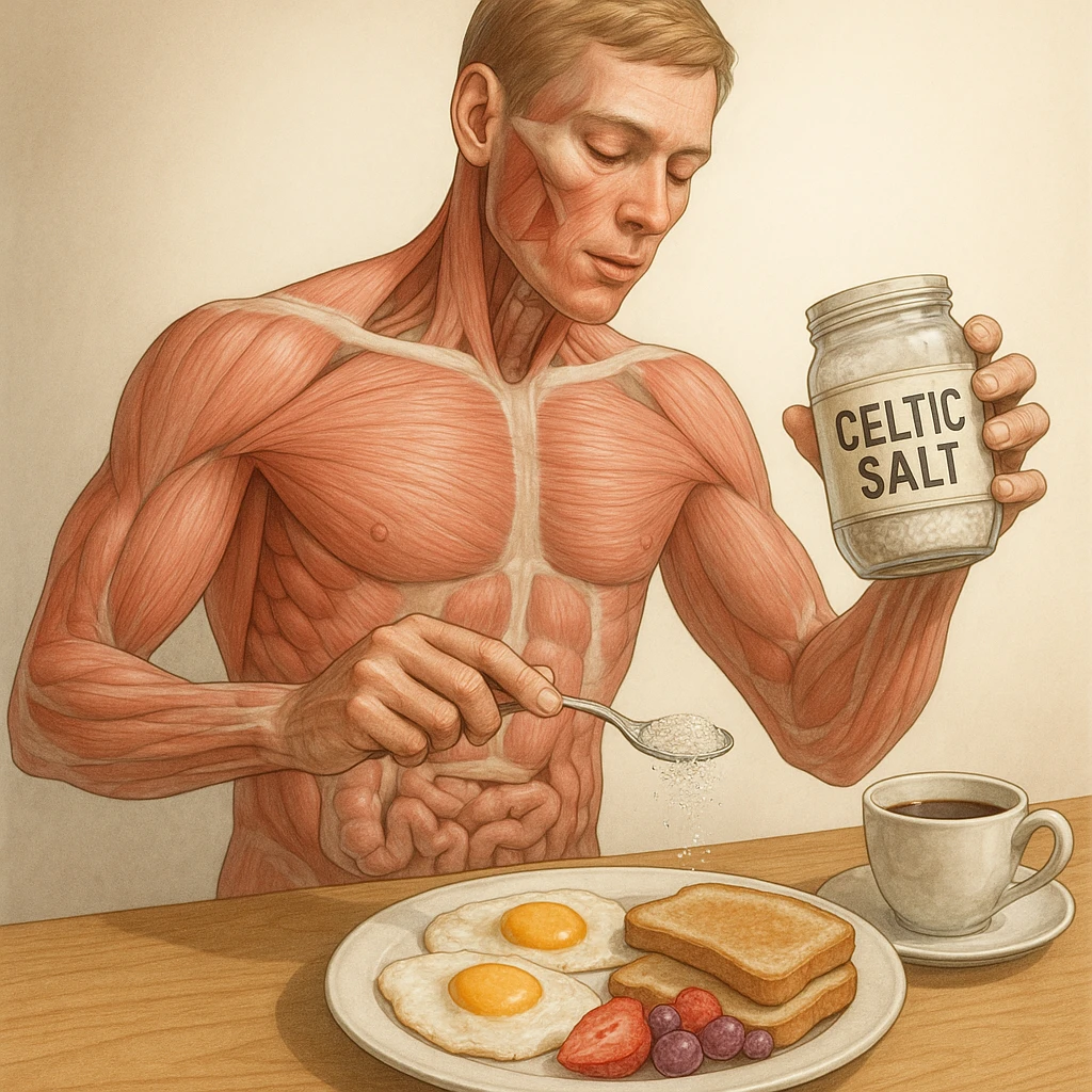 medical-style, realistic illustration of a human body eating Celtic salt from a clearly labeled jar, with breakfast items on the table, focus on anatomy and realism emoji