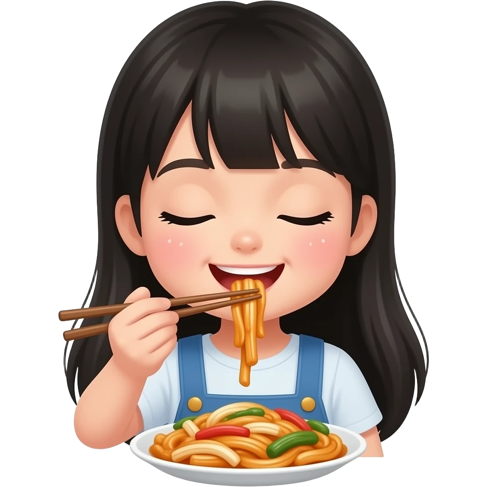 Cute Girl with long black hair eating japchae with 🥢 happy and close eyes emoji