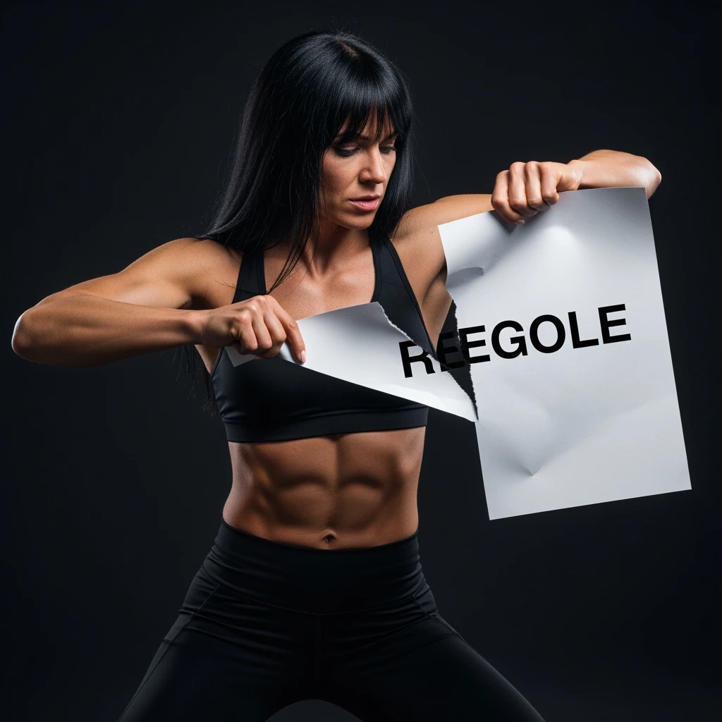 DONNA FITNESS CHE STRAPPA UN FOGLIO CON LA SCRITTA "REGOLE", IPERREALISTICA 4K, SENZA SFONDO emoji