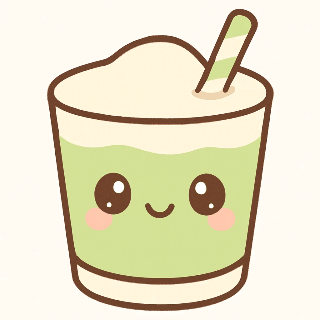 kawaii style matcha latte with a smiling face, pastel green and cream colors, and a cute straw emoji
