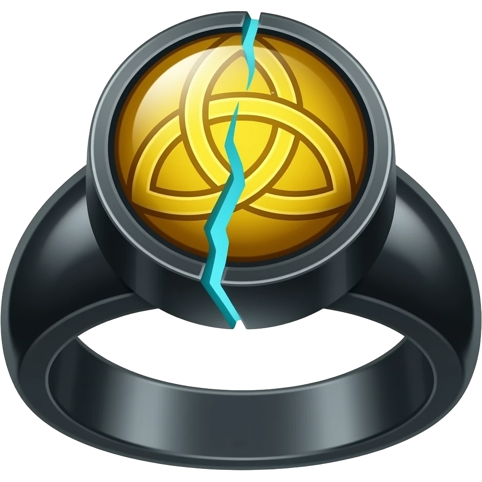 A obsidian ring with a BIG yellow gem, that has a triquetra carved into it, and a crack goin through it glowing light blue emoji
