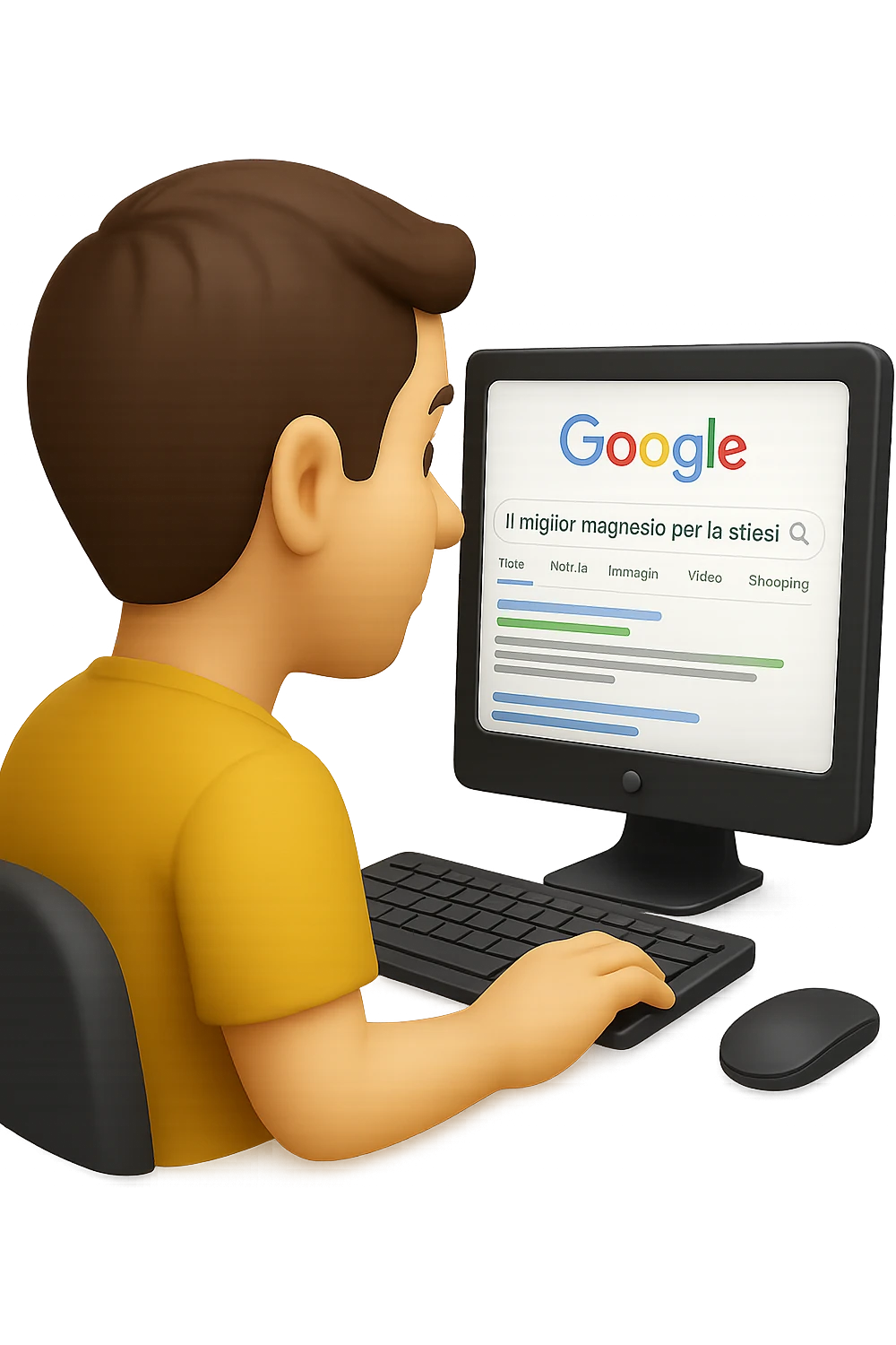 emoji stile iphone di un uomo davanti al pc che cerca di google: "Il miglior magnesio per la stipsi", iperrealistico 4k emoji