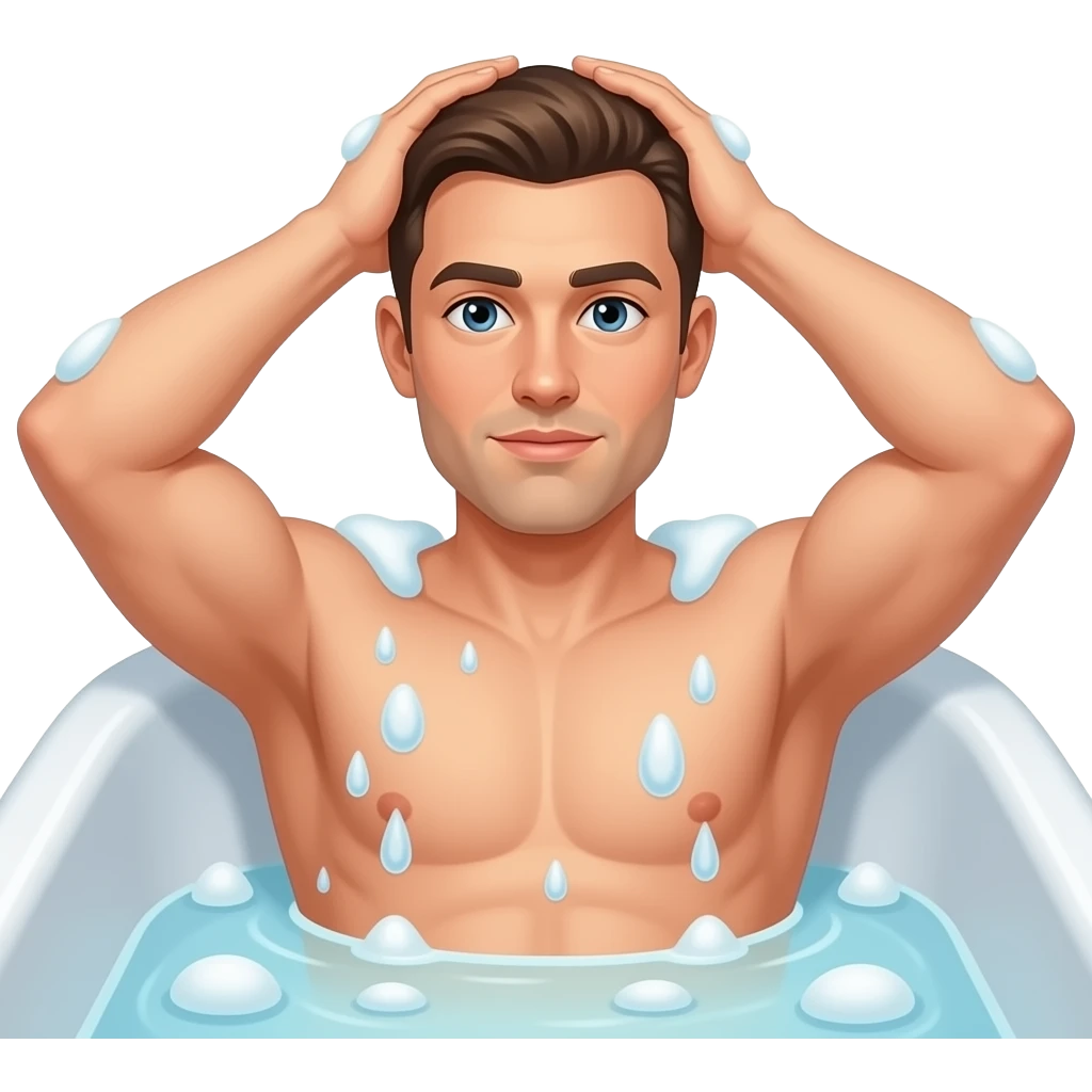 hombre bañandose con las manos en la cabeza pero sin remera y adentro de la bañera emoji