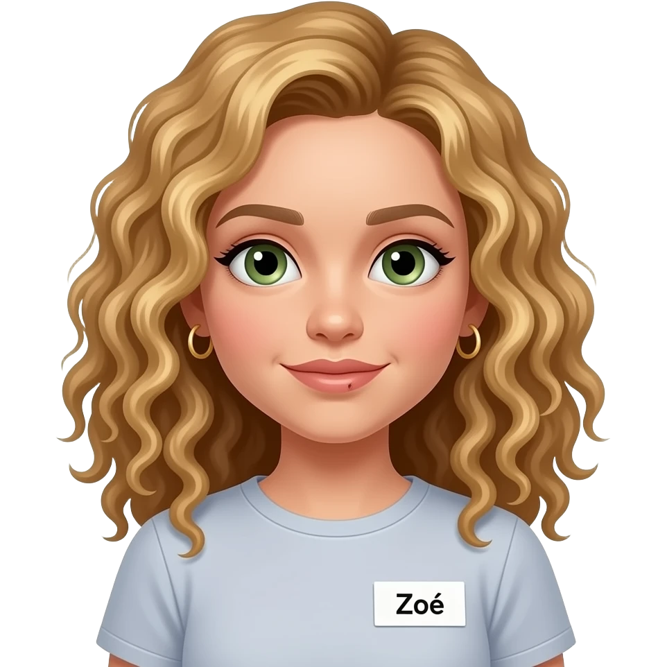 Create a fair girl with a mole under her lip, super curly hair and sage green eyes and curly dirty blonde hair, and give her gold small hoop earrings, curlier hair, have a name tag on her shirt that says “Zoë” emoji