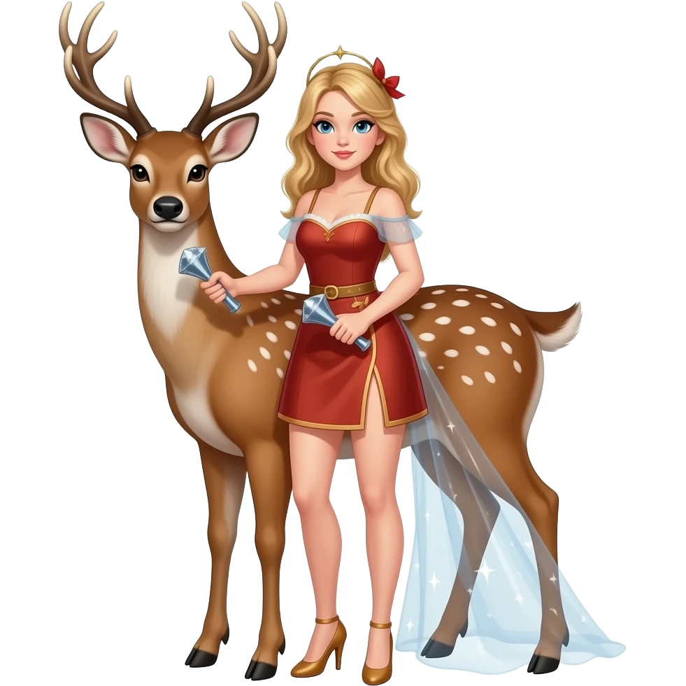a female deer who has shining sirens in hands emoji