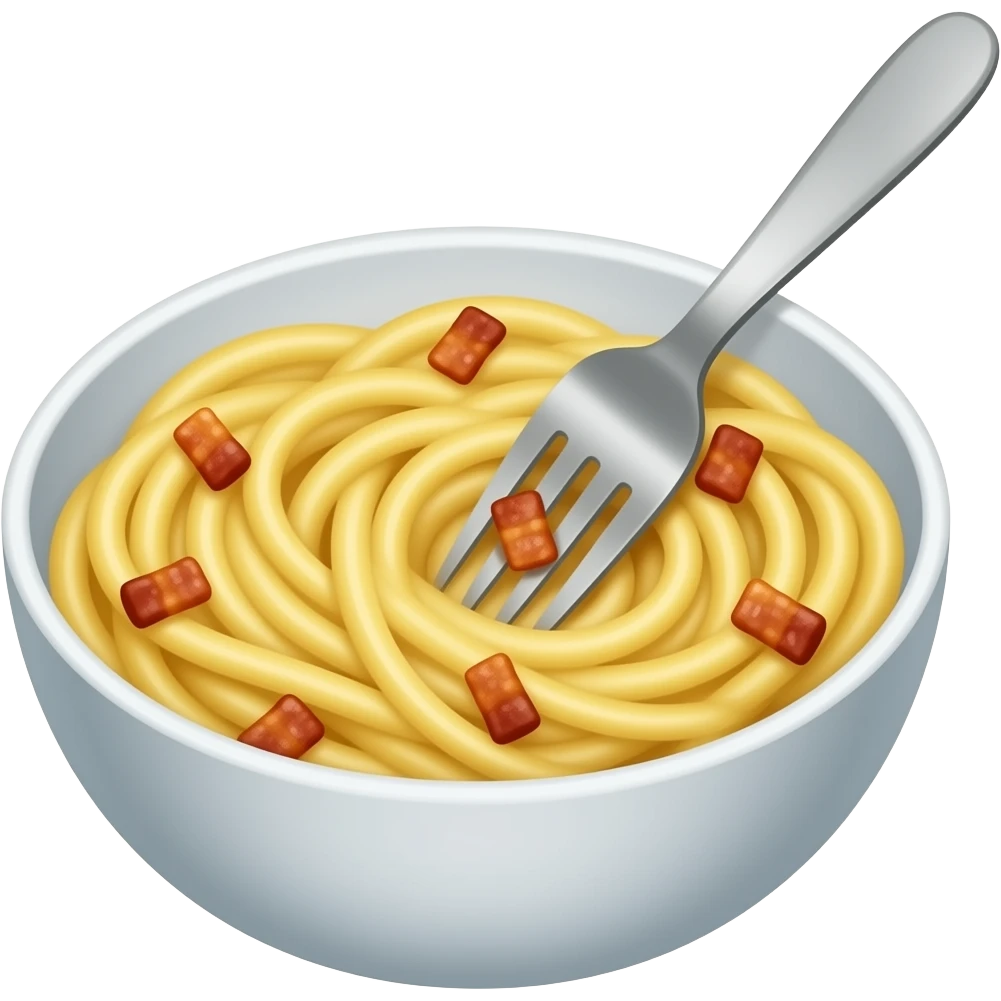 Carbonara with fork in a bowl with rectangular bacon bits emoji