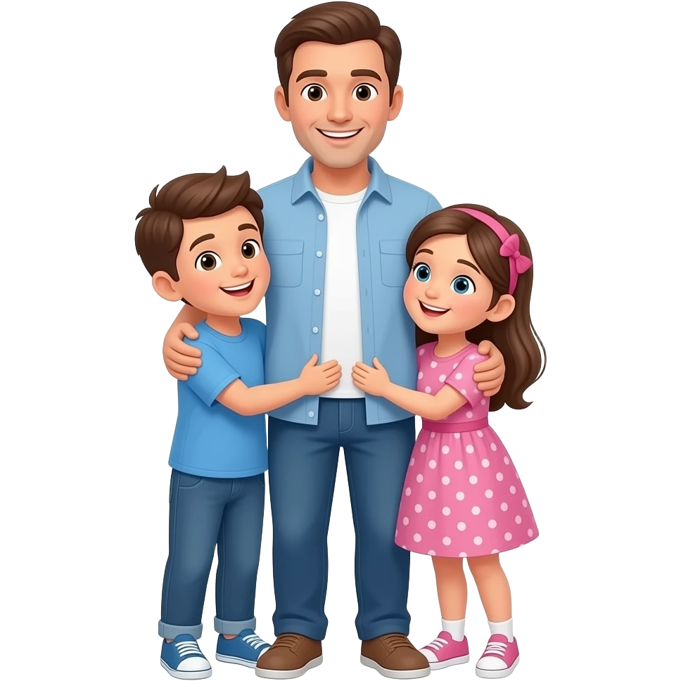 hijos abrazando a su padre todo el cuerpo muy felizes mirandose entre ellos solo dos un hijo i una hija padre mas alegria todo el cuerpo emoji
