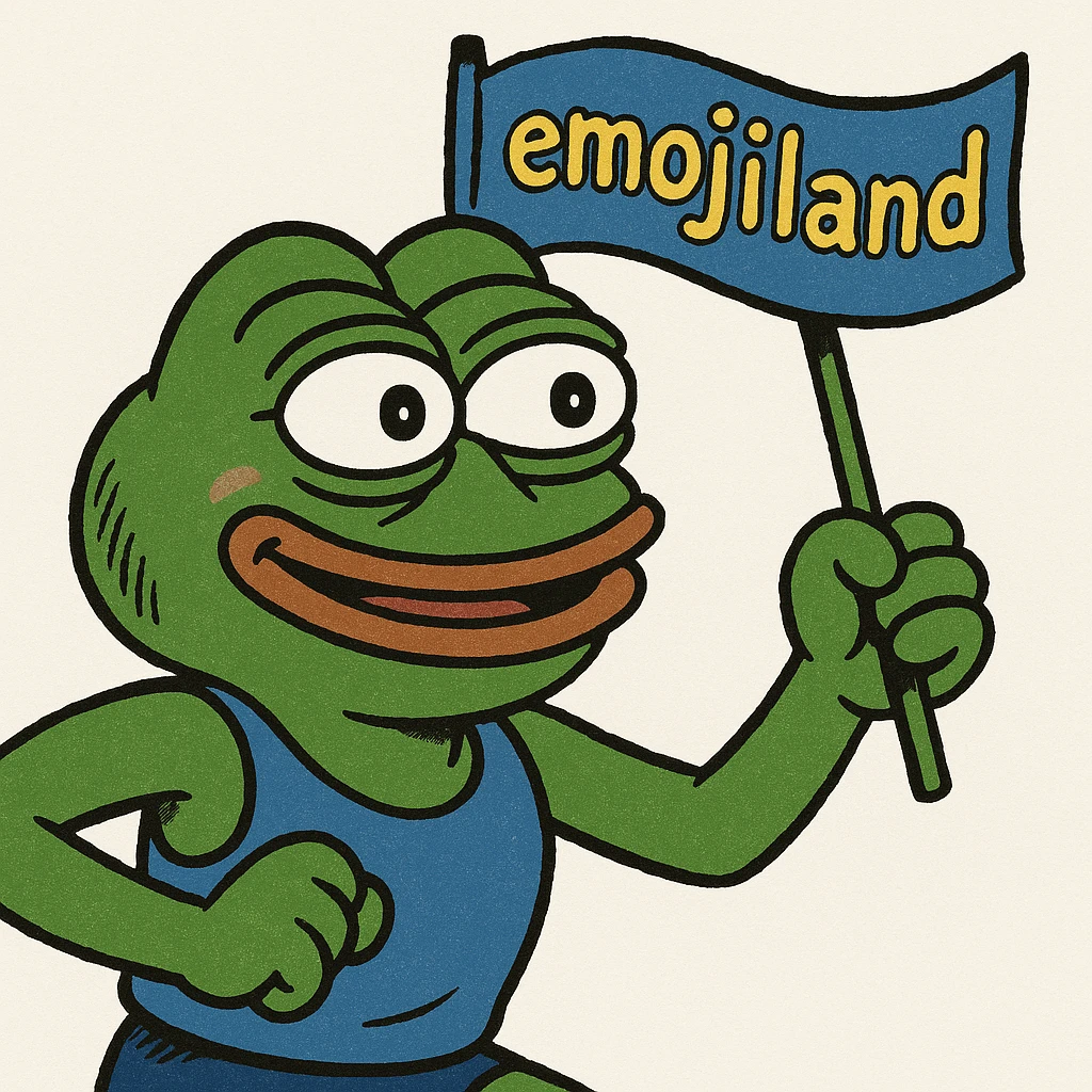 happy runner waving a flag that says 'emojiland' emoji