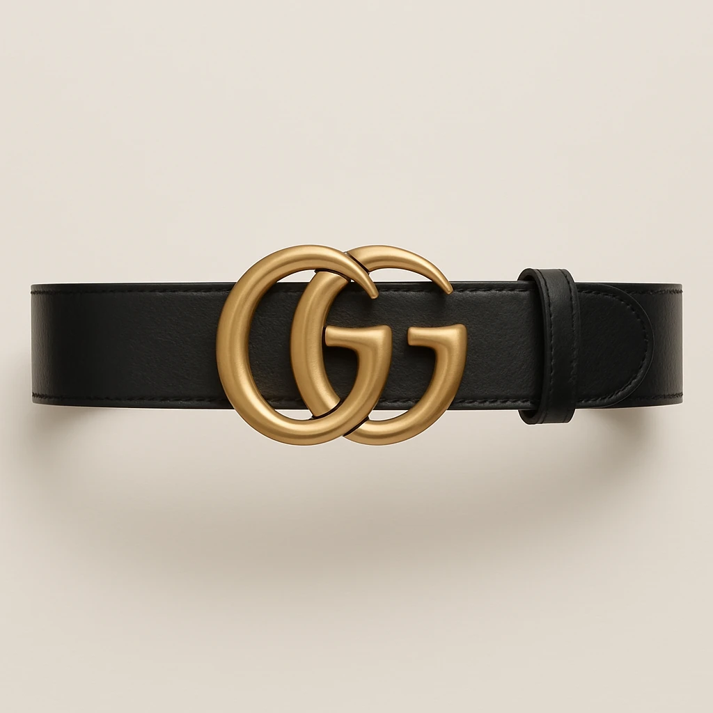 a Gucci belt, laid flat, gold GG buckle centered, black leather, premium look, simple background emoji