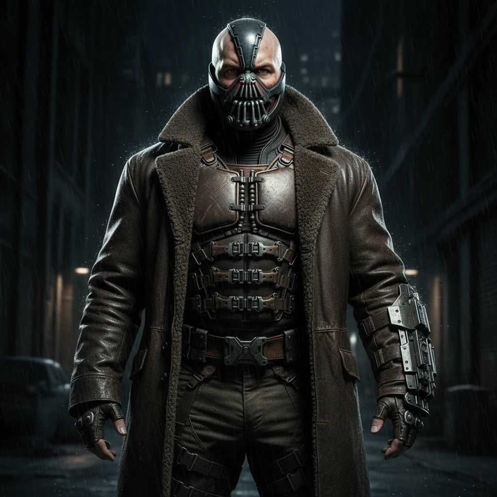 Put this man into the Bane costume from the Dark Knight Rises movie, make it photorealistic and make sure the face is represented lifelike on Banes body and costume emoji