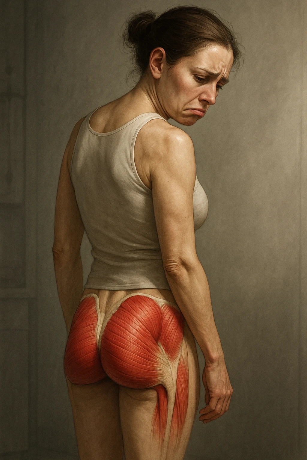 realistic anatomical illustration vertical 2:3 of an unhappy woman with underdeveloped gluteal muscles, posture expressing dissatisfaction, gluteal musculature anatomically highlighted, realistic details, clinical atmosphere, dramatic lighting, no text emoji