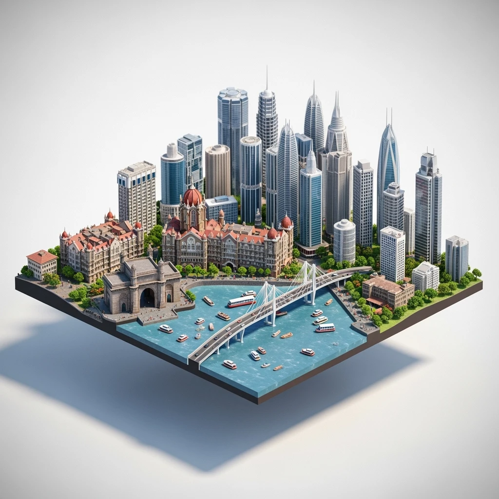 Isometric miniature of Mumbai city, featuring iconic landmarks like Gateway of India, Bandra-Worli Sea Link, Chhatrapati Shivaji Terminus, and skyscrapers, 3D miniature effect and Tilt Shift effect, no cartoonish look, transparent background. emoji