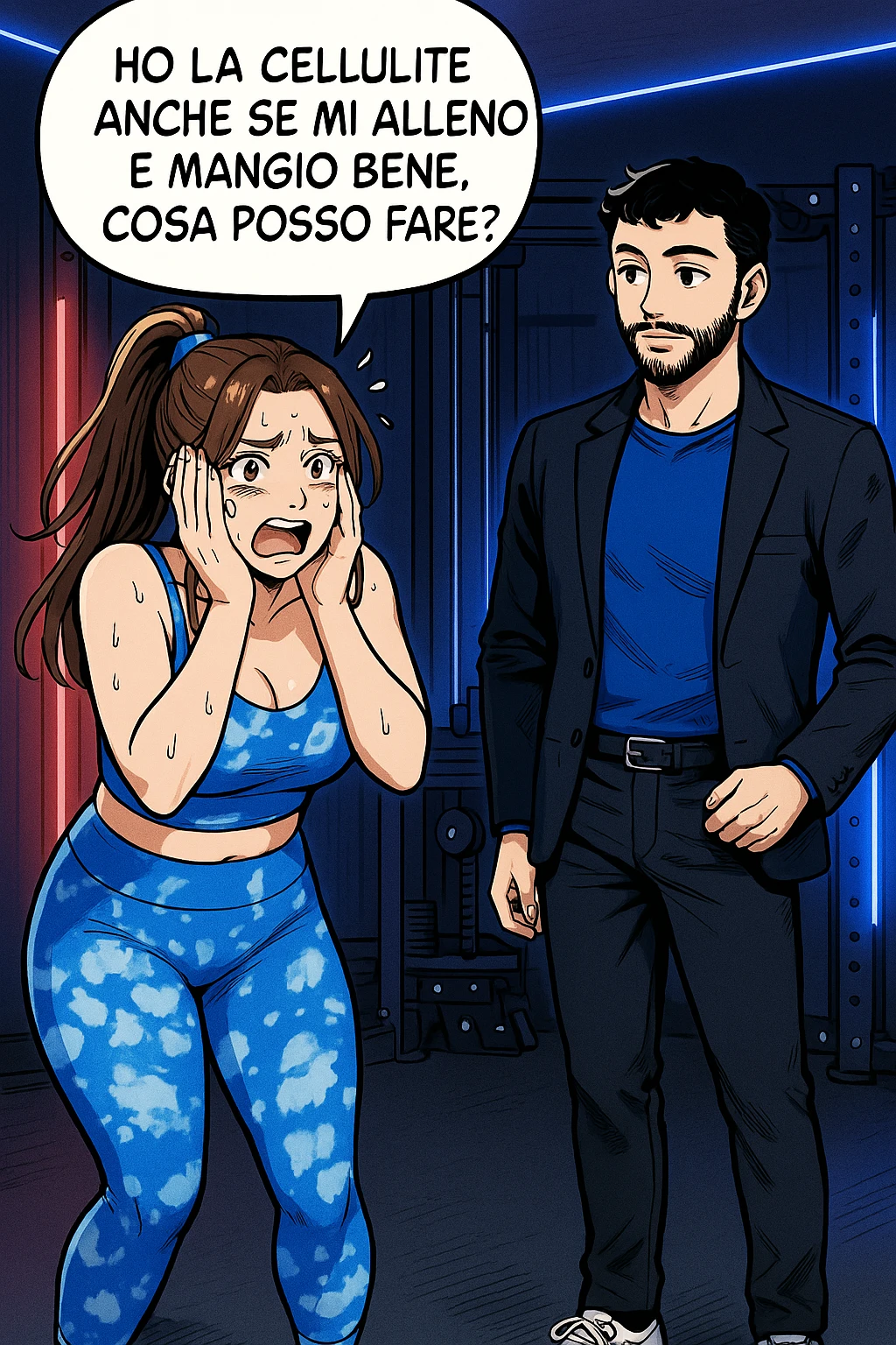 TRASFORMA QUESTO CAROSELLO IN UN FUMETTO STILE WEBTOON/MANGA A COLORI CON QUESTE DUE PERSONE IDENTICHE CHE INTERLOQUISCONO TRA LORO, LA DONNA è DISPERATA CON LE MANI SULLE GUANCE E STA DOMANDANDO TUTTA AGITATA UNA COSA ALL'UOMO:

LEI (DONNA): Ho la cellulite anche se mi alleno e mangio bene, cosa posso fare? emoji
