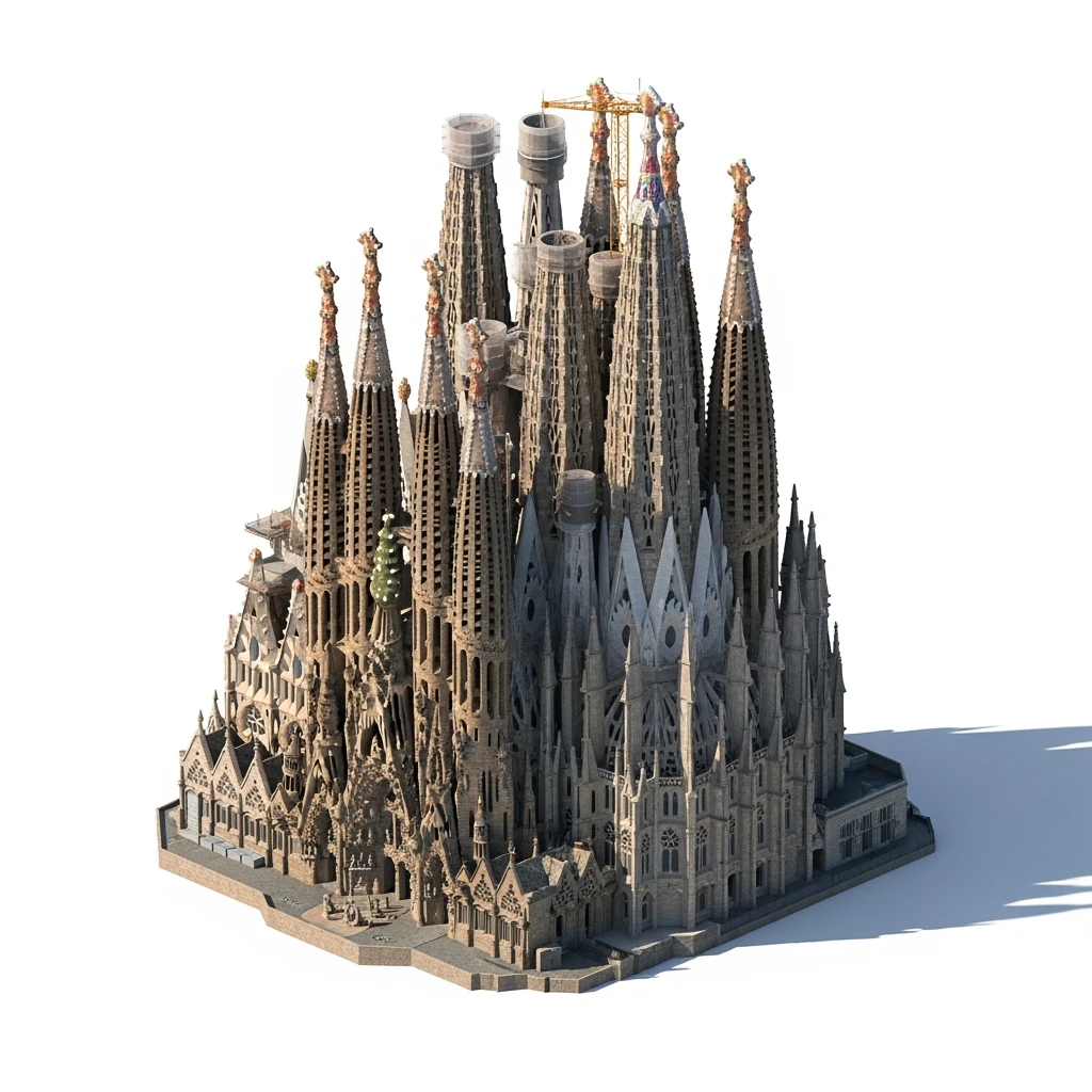 Isometric illustration photorealistic Sagrada Familia with intricate spires, highly detailed in semi-realistic style, balanced between stylized and realistic, 3D miniature effect, transparent background. emoji
