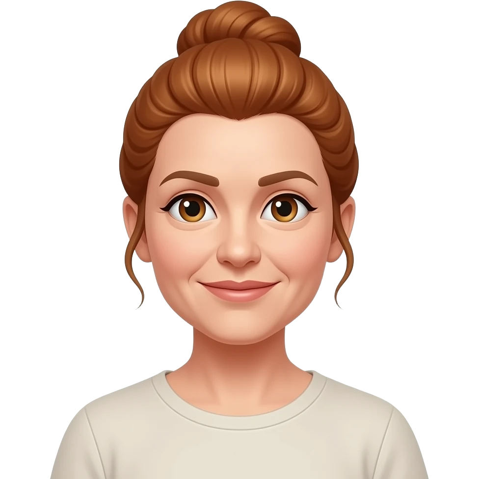 middle-aged woman, warm face, ginger hair in a bun, kind but firm expression, simple clothing, head-and-shoulders portrait, centered, 3D glossy emoji style, clean background emoji