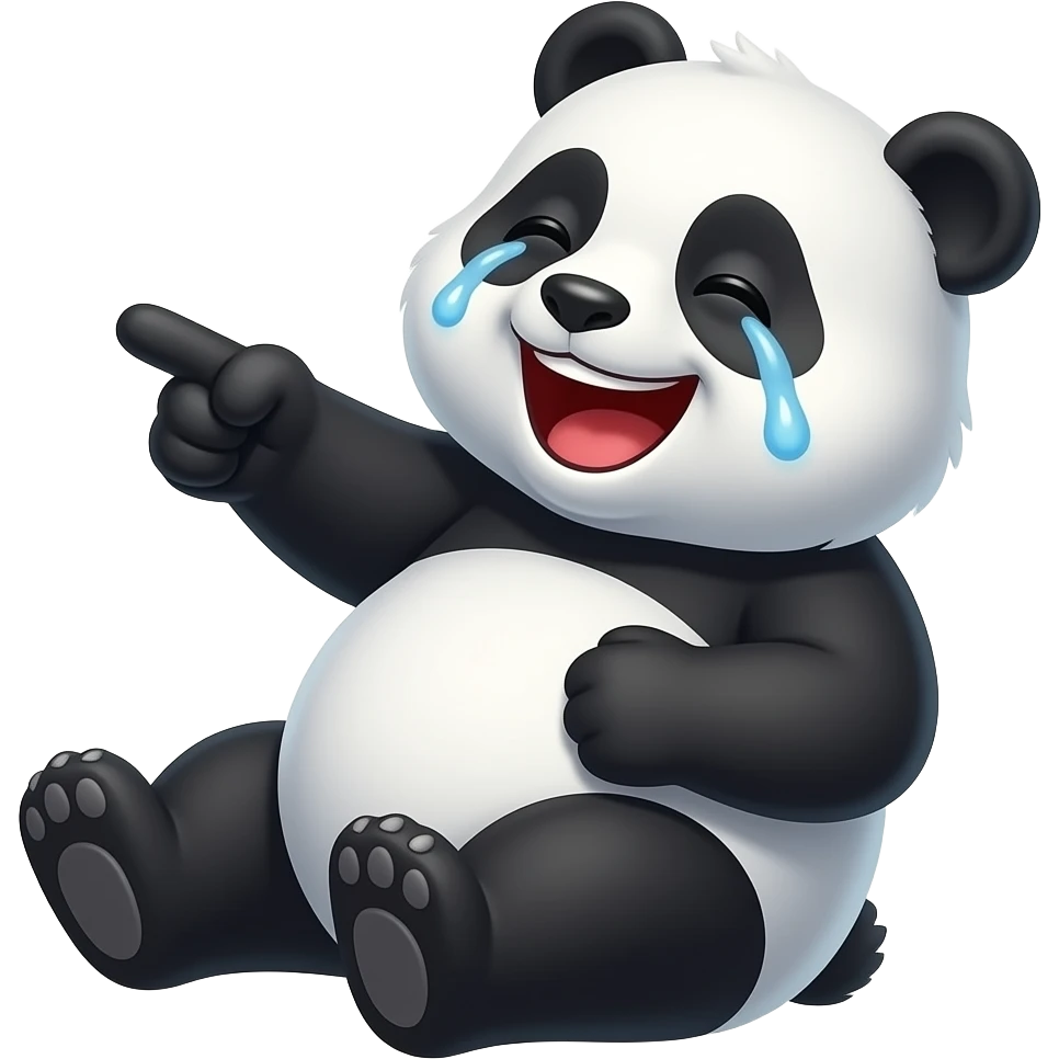 a sitting panda rolling back facing sideways laughing with tears with one paw pointing and another paw on it stomach emoji